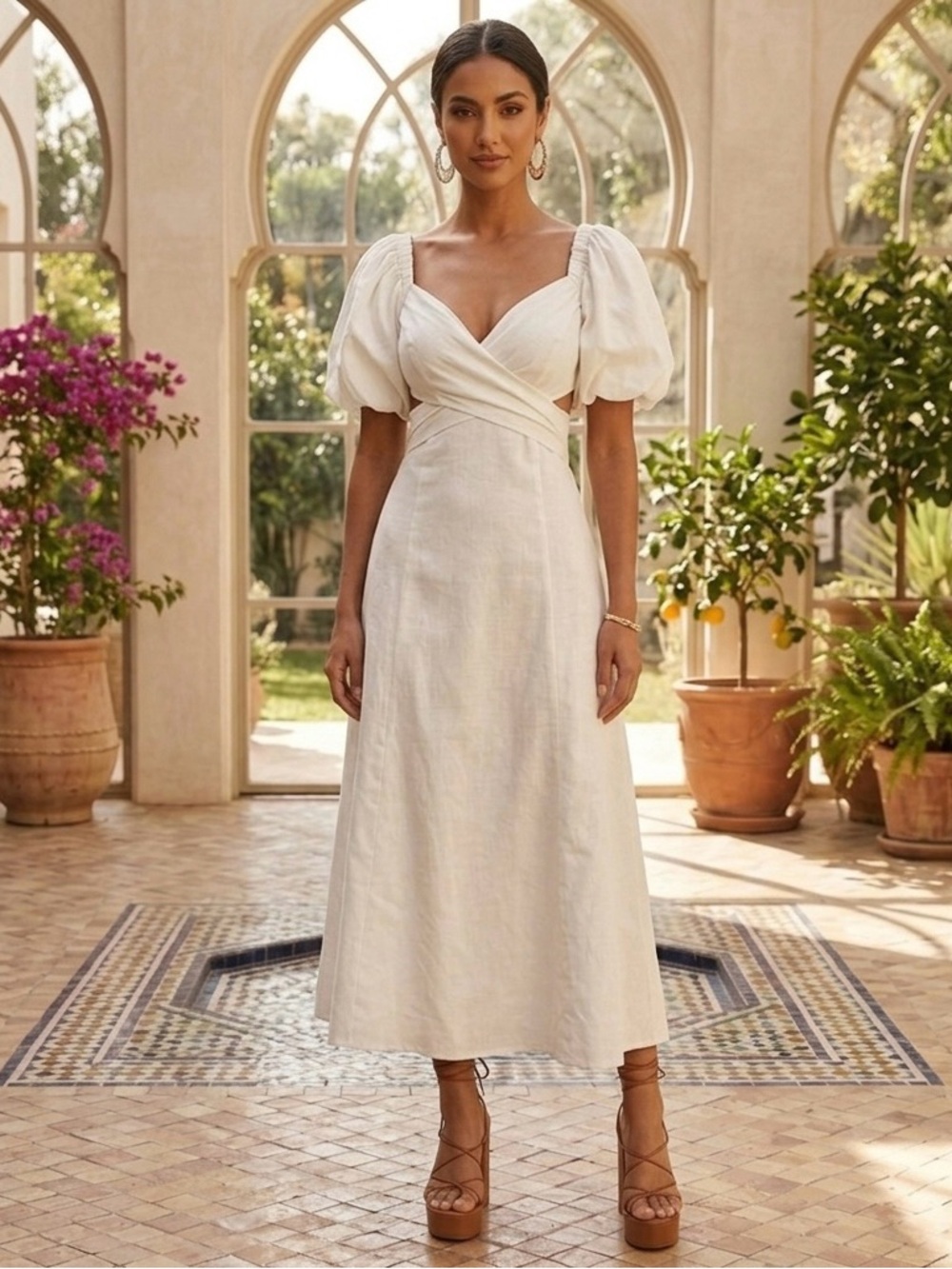 NWT AMALIE THE LABEL JANAE LINEN BLEND PUFF SLEEVE CUT OUT MIDI DRESS 4